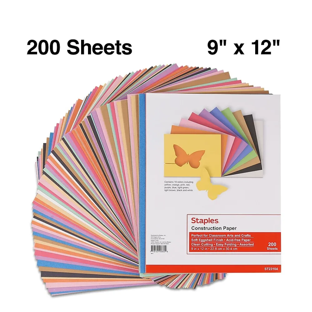 Construction Paper*Staples Construction Paper, 9"W x 12"L, Assorted, 200/Pack (23104)