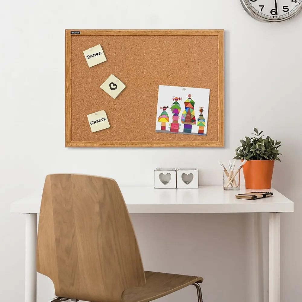 Bulletin*Quartet Staples Durable Cork Bulletin Board, Oak Finish Frame, 2' x 3' (85223B)