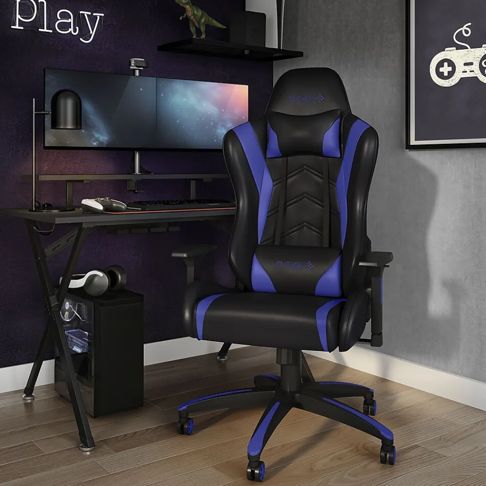 Gaming Chairs*Emerge Staples Vartan Bonded Leather Ergonomic Gaming Chair, Black/Blue (53242V)