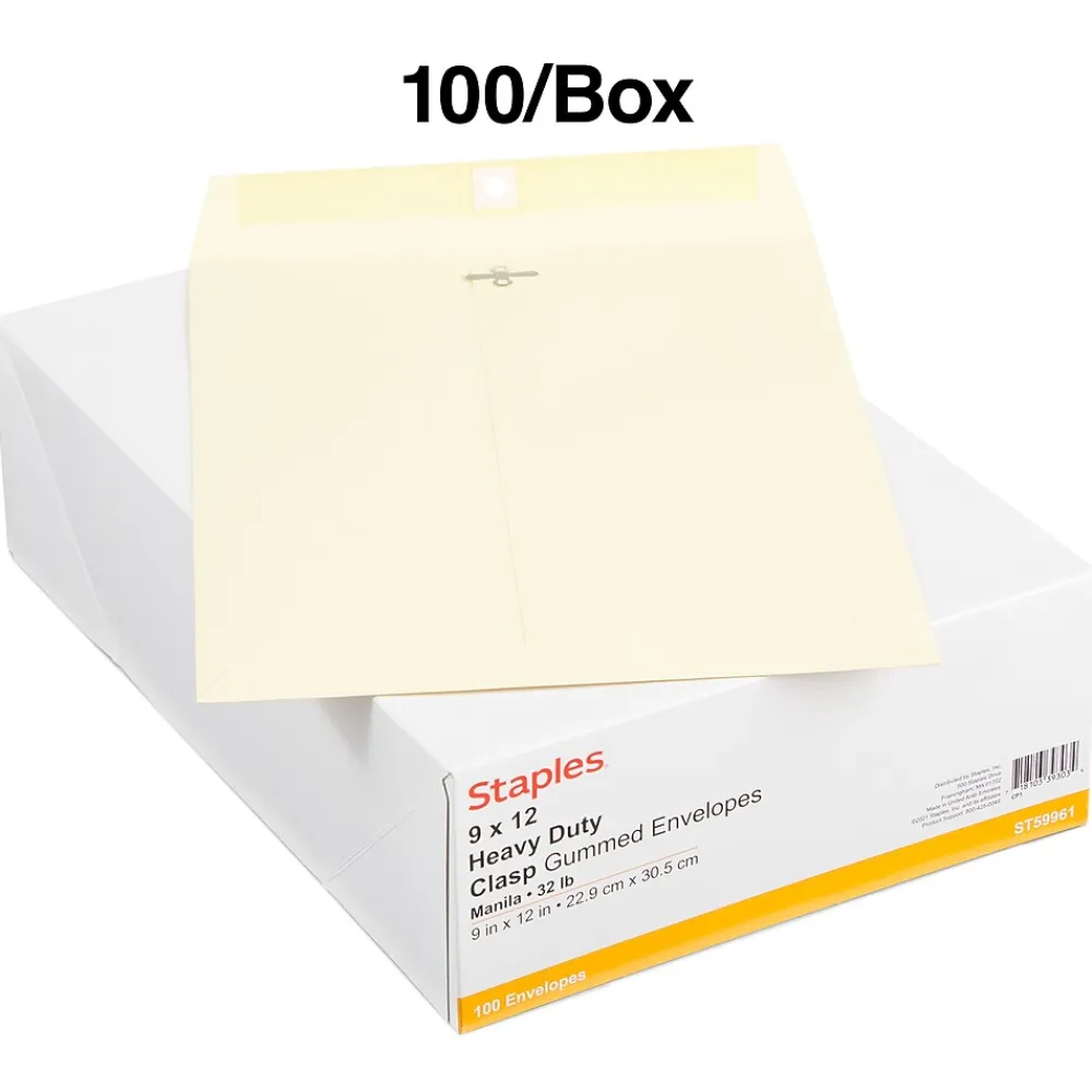 Hot Staples Extra-Heavyweight Clasp & Moistenable Glue Catalog Envelopes, 9"L x 12"H, Manila, 100/Box (121962/19276)
