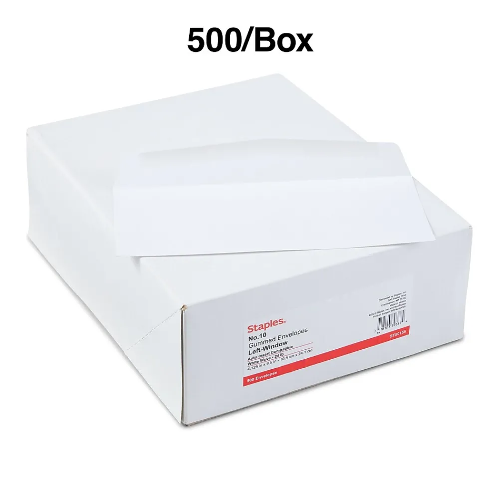 Sale Staples Gummed #10 Business Envelope, 4 1/8" x 9 1/2", White Wove, 500/Box (SPL381937)