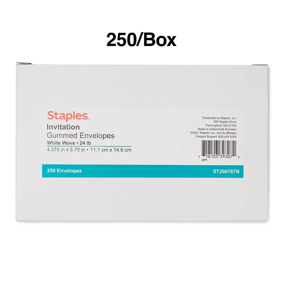 Clearance Staples Gummed Invitation Envelopes, 5 3/4" x 4 3/8", White, 250/Box (266767N)