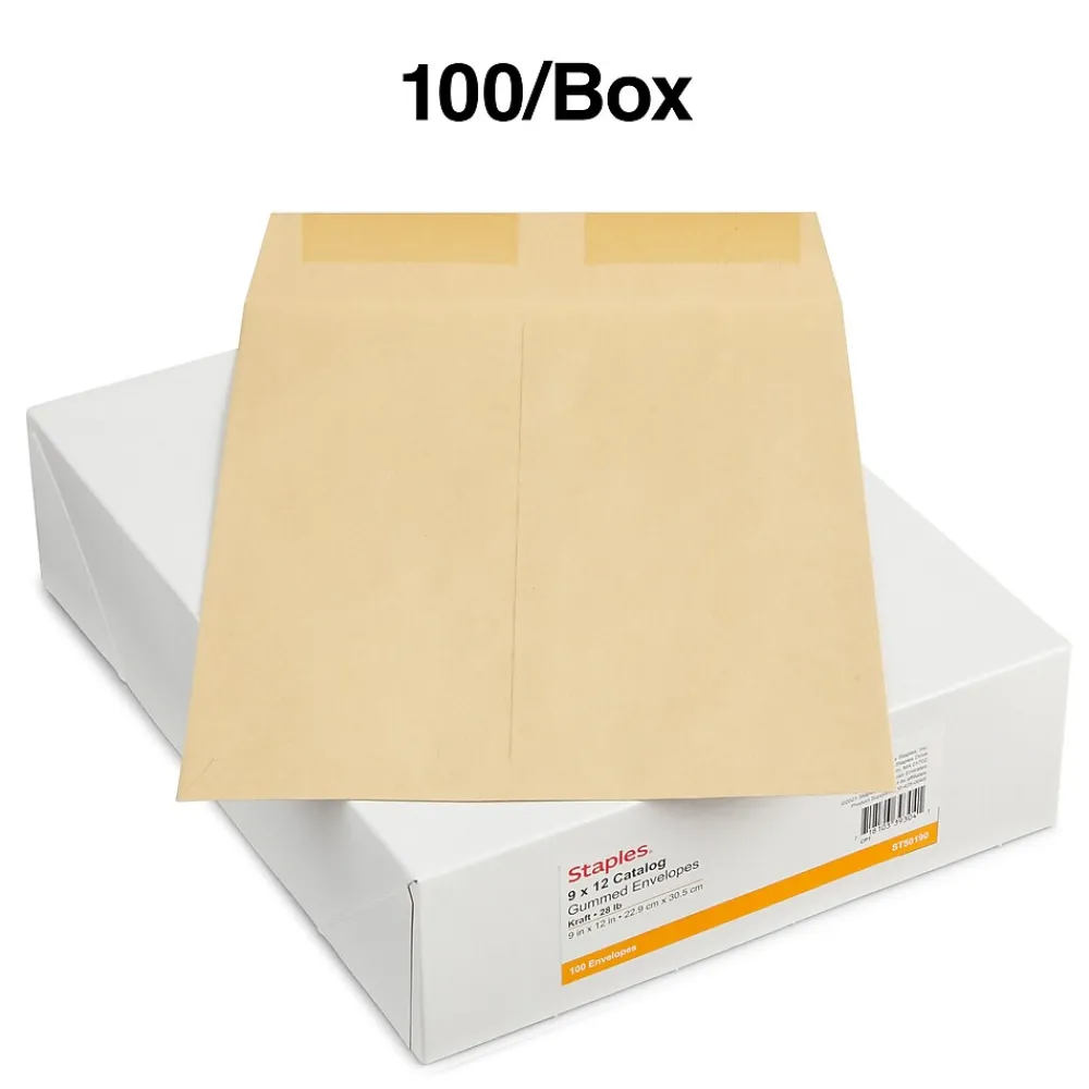 Discount Staples Gummed Kraft Catalog Envelopes, 9"L x 12"H, Brown, 100/Box (SPL194969)