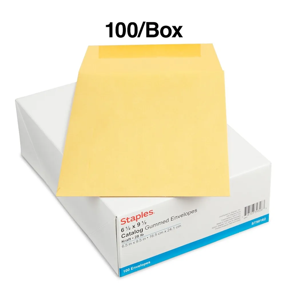 Sale Staples Gummed Kraft Catalog Envelopes, 6.5" x 9.5", Brown, 100/Box (SPL534701)