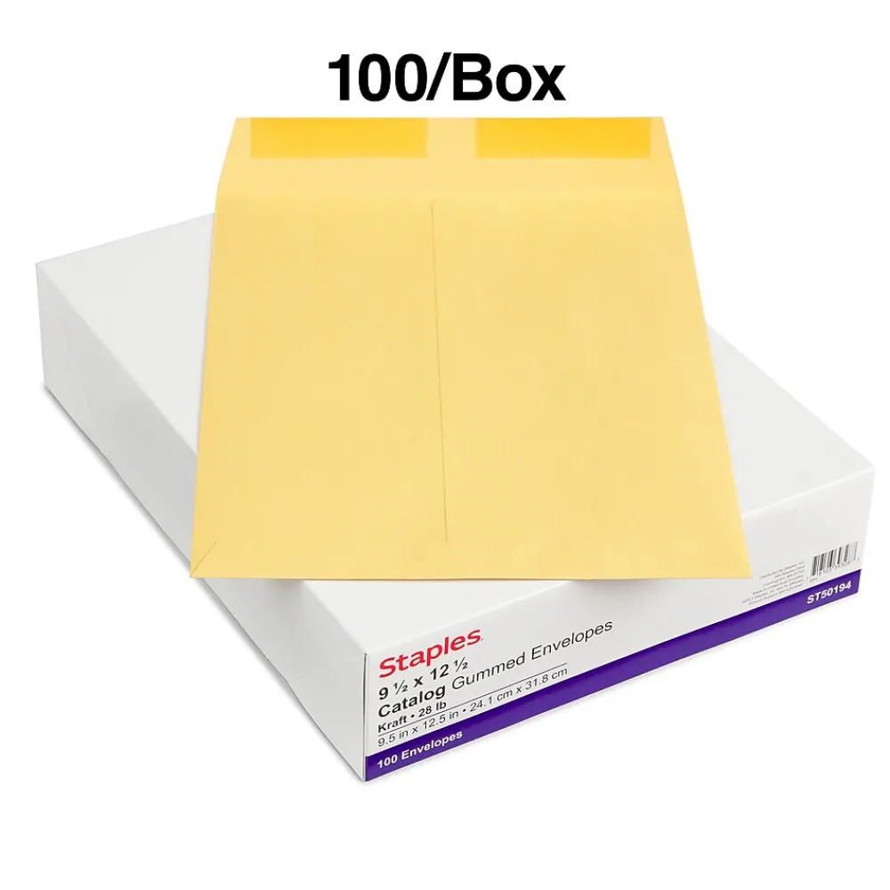 Discount Staples Gummed Kraft Catalog Envelopes, 9.5"L x 12.5"H, Brown, 100/Box (SPL534743)