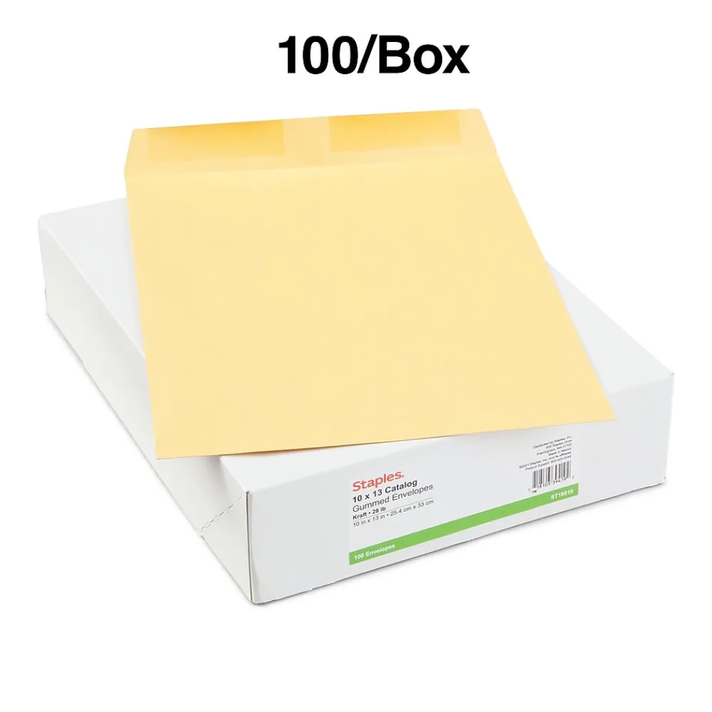 Sale Staples Gummed Kraft Catalog Envelopes, 10"L x 13"H, Brown, 100/Box (SPL534750)