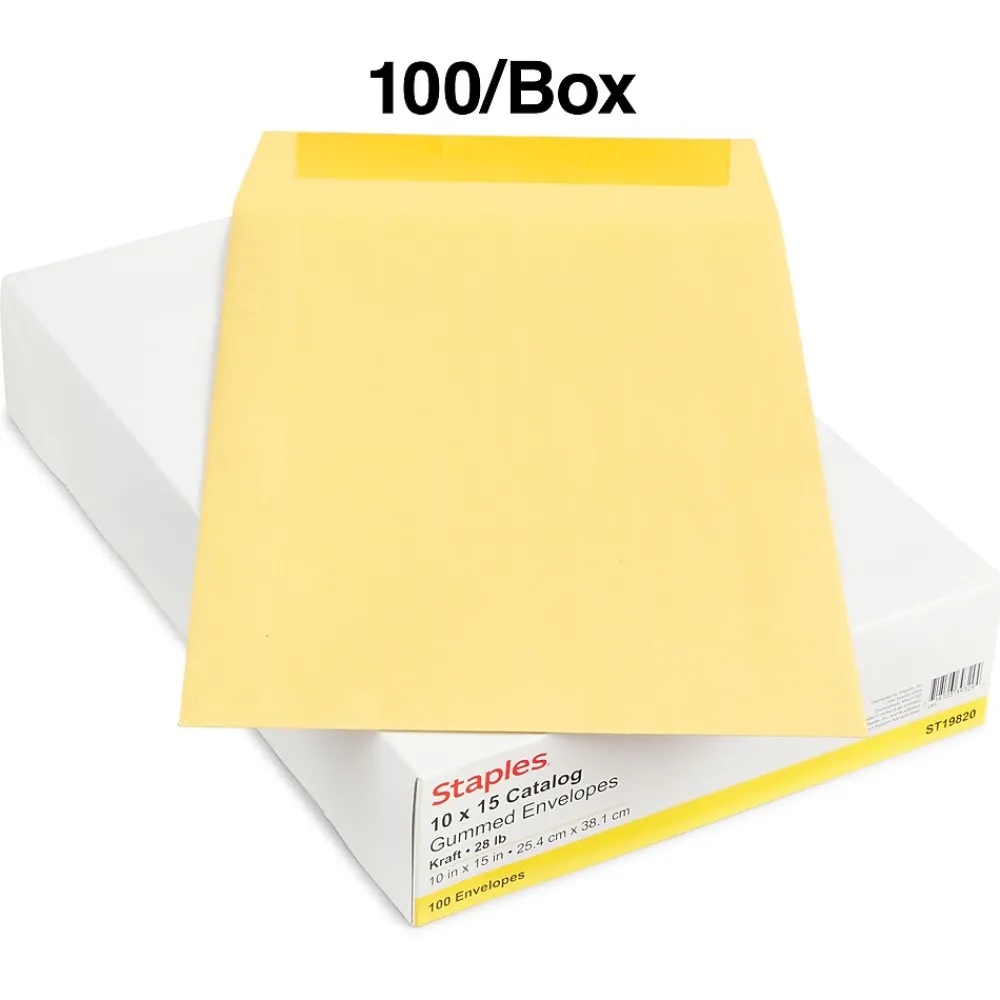Clearance Staples Gummed Kraft Catalog Envelopes, 10"L x 15"H, Brown, 100/Box (SPL534768)