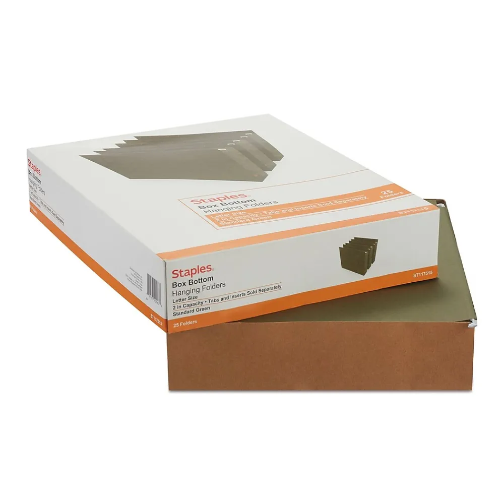 Hanging File Folders|Staples Heavy Duty Box-Bottom Hanging File Folders, 2" Expansion, 1/5-Cut Tab, Letter Size, , 25/Box (ST117515) Green