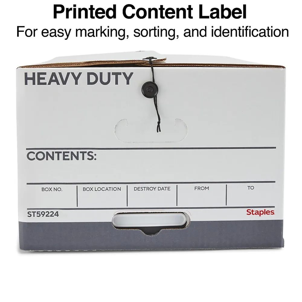 File Storage|Staples Heavy Duty File Box, String and Button Lid, Legal, White/Gray, 4/Pack (TR59224)