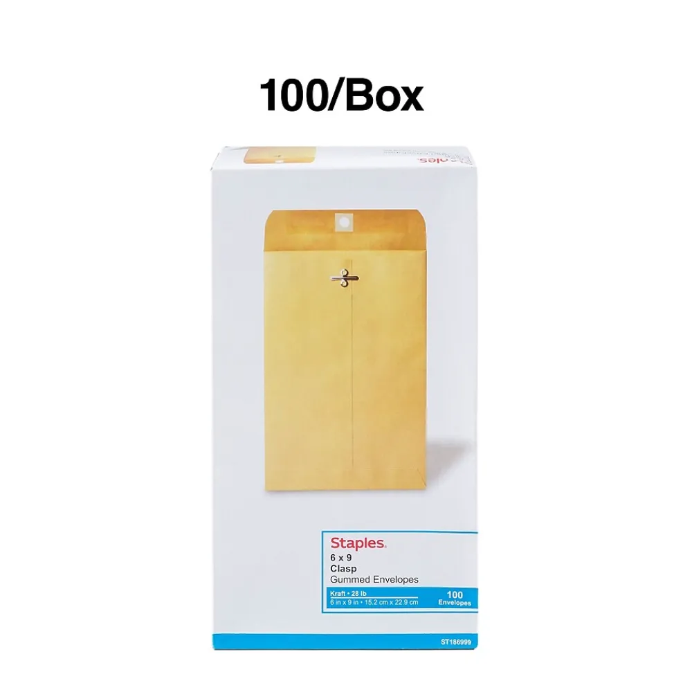 Outlet Staples Kraft Clasp & Moistenable Glue Catalog Envelopes, 6" x 9", Brown, 100/Box (ST186999-CC)