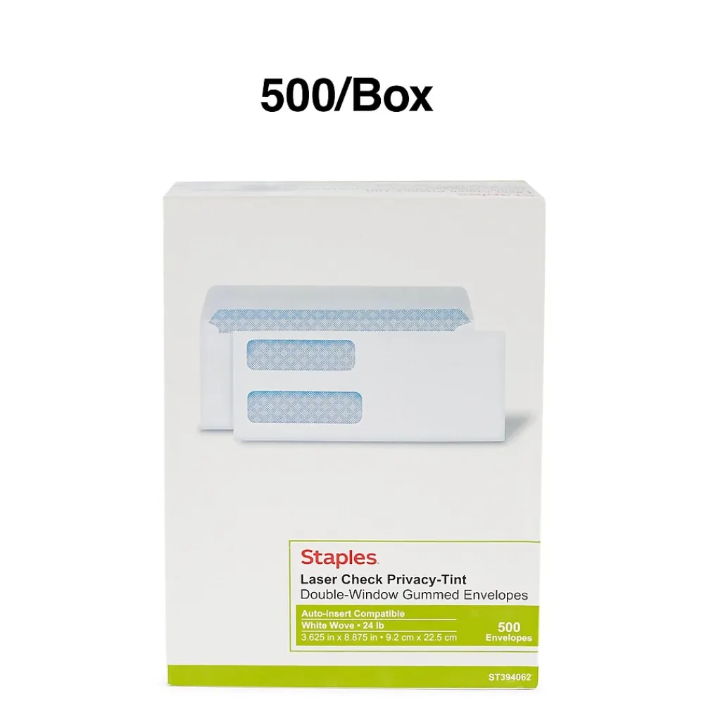 Hot Staples Laser Security Tinted #9 Double Window Envelopes, 3 5/8" x 8 7/8", Wove White, 500/Box (ST394062-CC)