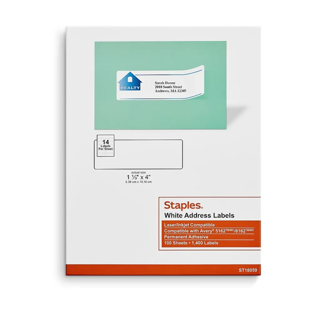 Online Staples Laser/Inkjet Address Labels, 1 1/3" x 4", White, 14 Labels/Sheet, 100 Sheets/Pack, 1400 Labels/Pack (18059/SIWO120)