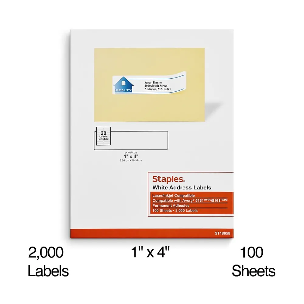 Sale Staples Laser/Inkjet Address Labels, 1" x 4", White, 20 Labels/Sheet, 100 Sheets/Pack, 2000 Labels/Box (18058/SIWO110)