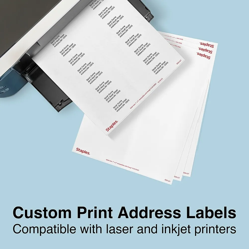 Sale Staples Laser/Inkjet Address Labels, 1" x 4", White, 20 Labels/Sheet, 100 Sheets/Pack, 2000 Labels/Box (18058/SIWO110)