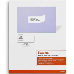Clearance Staples Laser/Inkjet Address Labels, 1" x 2 5/8", White, 30 Labels/Sheet, 250 Sheets/Pack, 7500 Labels/Box (18063/SIWT100)