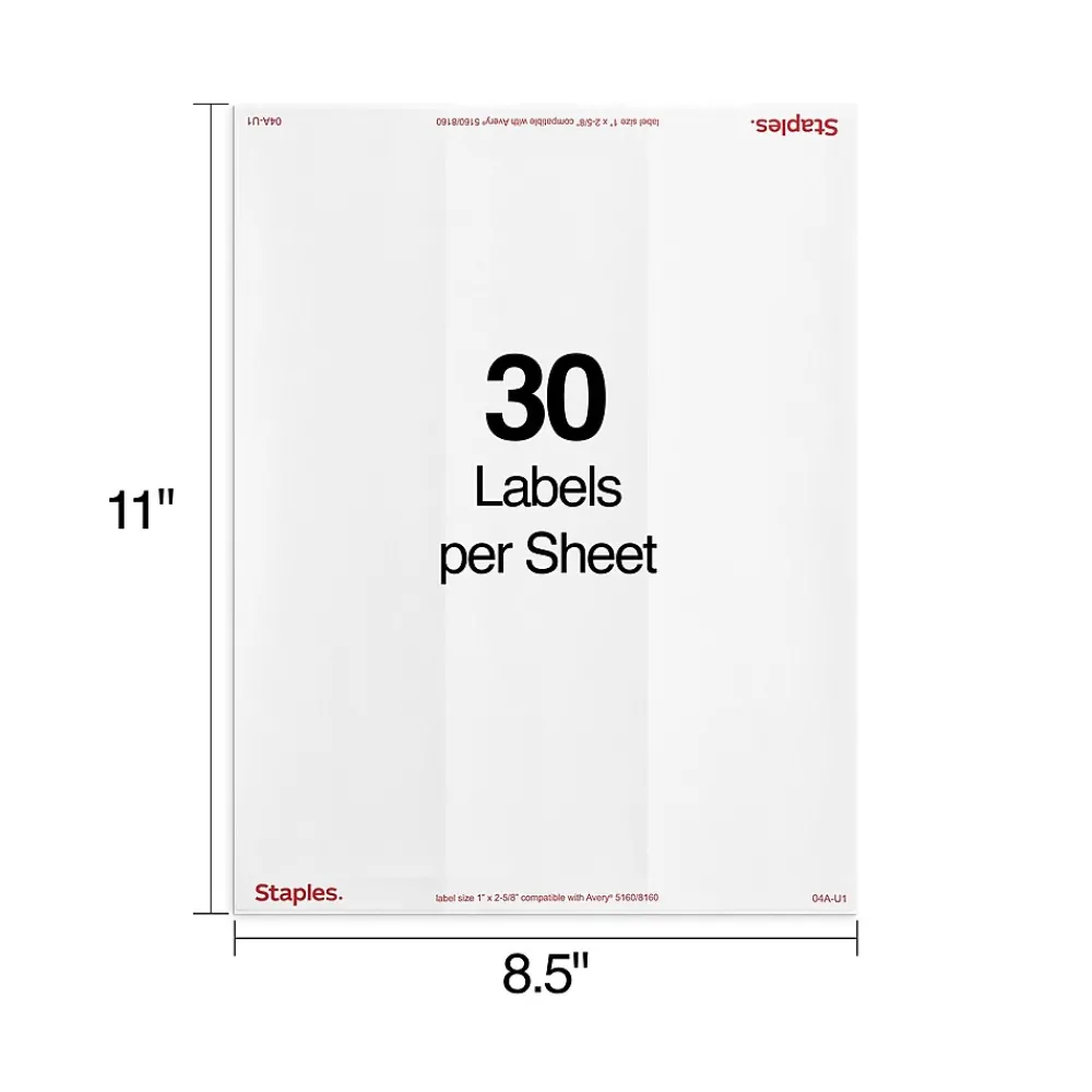 Clearance Staples Laser/Inkjet Address Labels, 1" x 2 5/8", White, 30 Labels/Sheet, 250 Sheets/Pack, 7500 Labels/Box (18063/SIWT100)