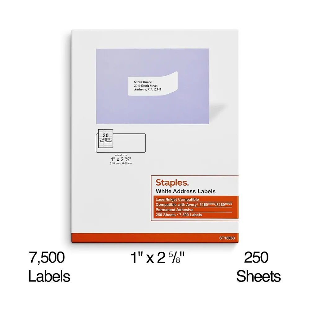 Clearance Staples Laser/Inkjet Address Labels, 1" x 2 5/8", White, 30 Labels/Sheet, 250 Sheets/Pack, 7500 Labels/Box (18063/SIWT100)