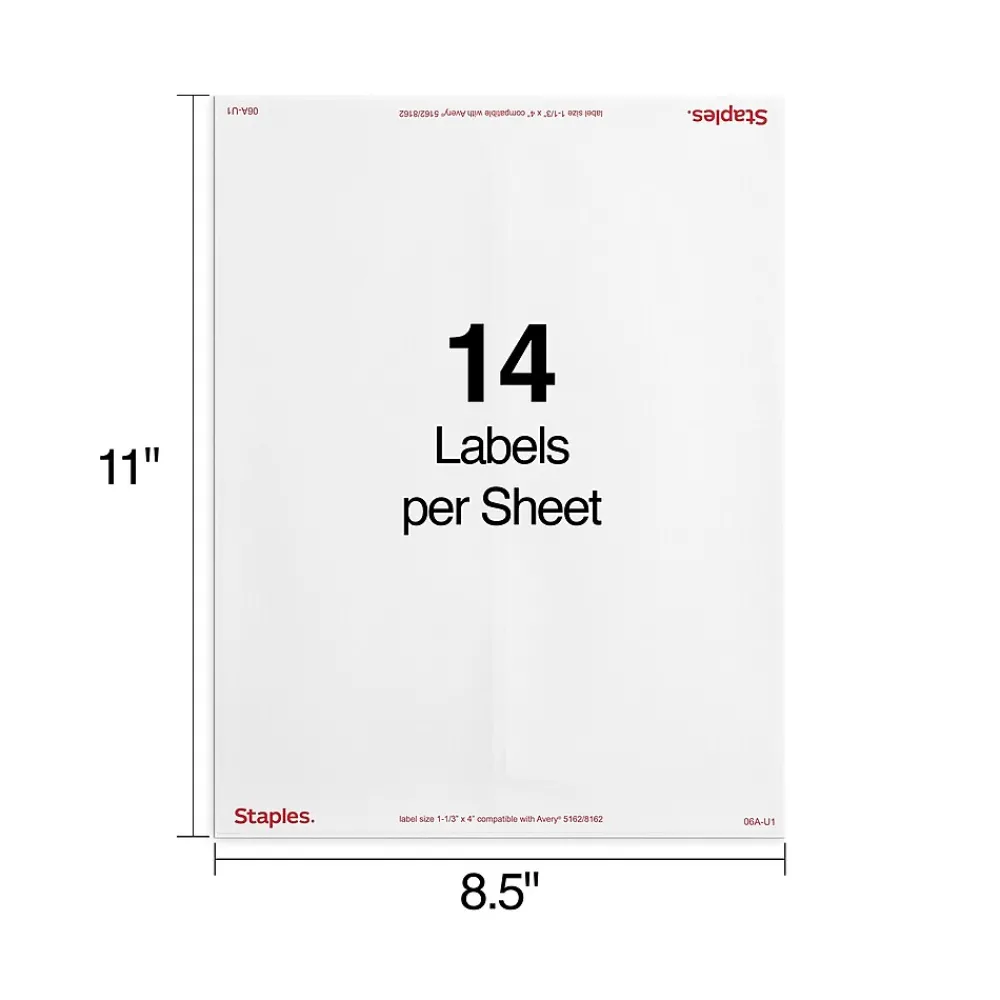 Clearance Staples Laser/Inkjet Address Labels, 1 1/3" x 4", White, 14 Labels/Sheet, 250 Sheets/Box, 3500 Labels/Box (18065)