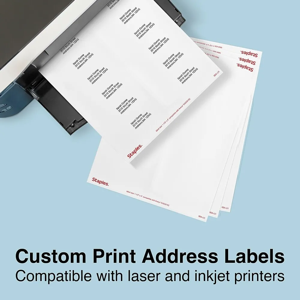 Clearance Staples Laser/Inkjet Address Labels, 1 1/3" x 4", White, 14 Labels/Sheet, 250 Sheets/Box, 3500 Labels/Box (18065)