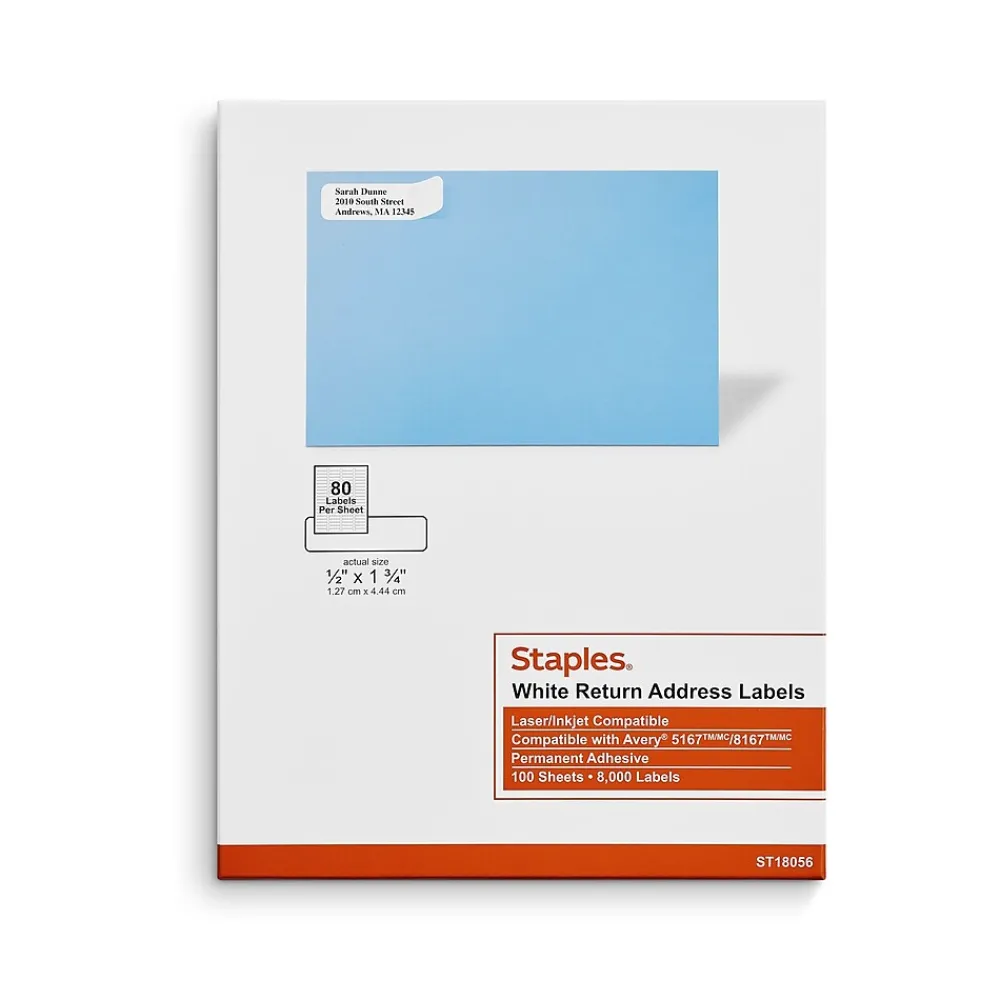 Best Staples Laser/Inkjet Address Labels, 1/2" x 1 3/4", White, 80 Labels/Sheet, 100 Sheets/Pack, 8000 Labels/Box (18056/SIWO090)
