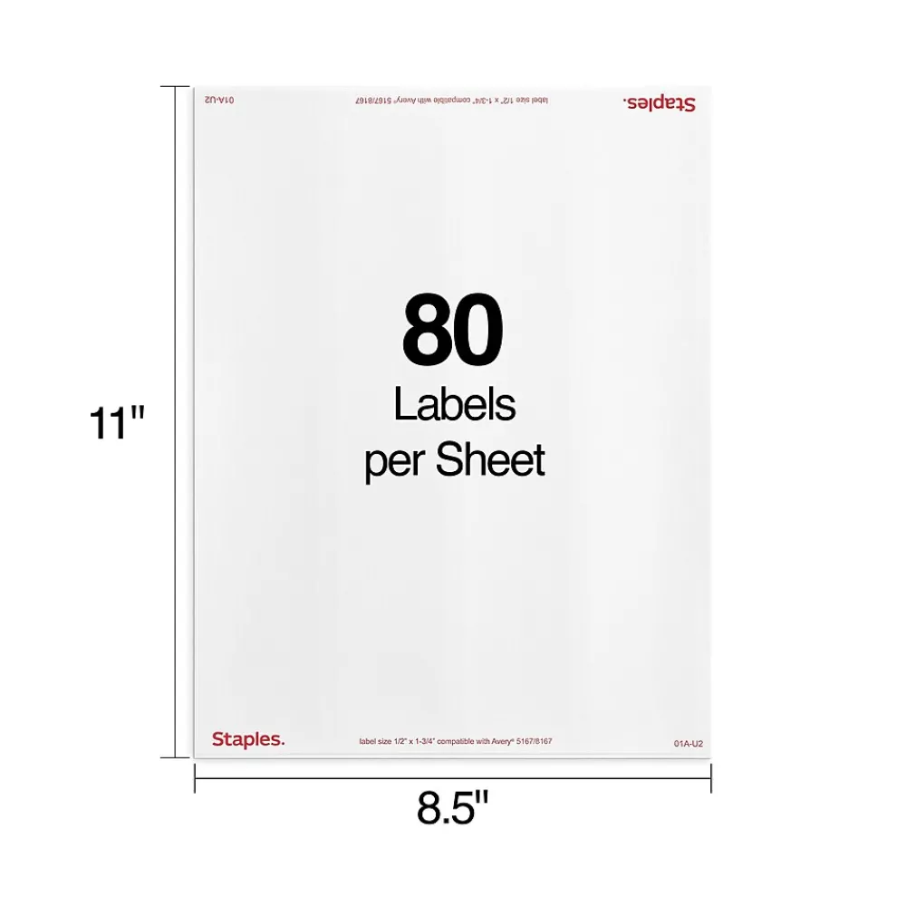 Best Staples Laser/Inkjet Address Labels, 1/2" x 1 3/4", White, 80 Labels/Sheet, 100 Sheets/Pack, 8000 Labels/Box (18056/SIWO090)