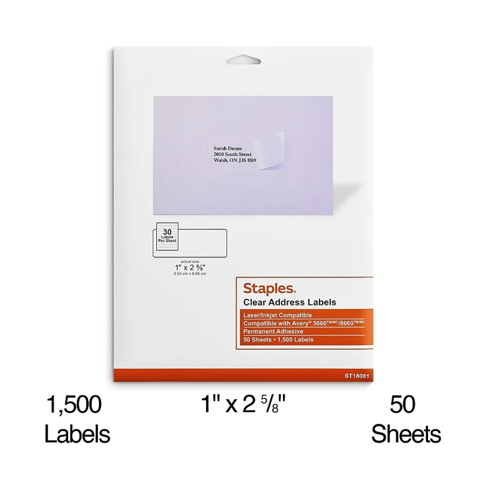Clearance Staples Laser/Inkjet Address Labels, 1 X 2 5/8", Clear, 30 Labels/Sheet, 50 Sheets/Pack, 1500/Box (ST18081-CC)