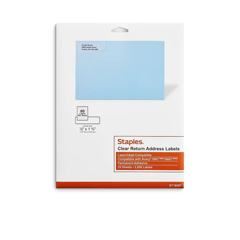 Best Staples Laser/Inkjet Address Labels, 1/2" x 1 3/4", Clear, 80 Labels/Sheet, 25 Sheets/Pack, 2000 Labels/Box (18087/SCNJ090)