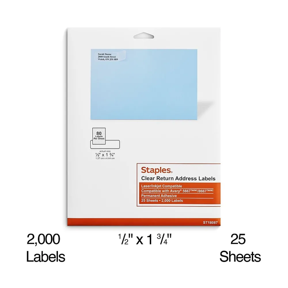 Best Staples Laser/Inkjet Address Labels, 1/2" x 1 3/4", Clear, 80 Labels/Sheet, 25 Sheets/Pack, 2000 Labels/Box (18087/SCNJ090)