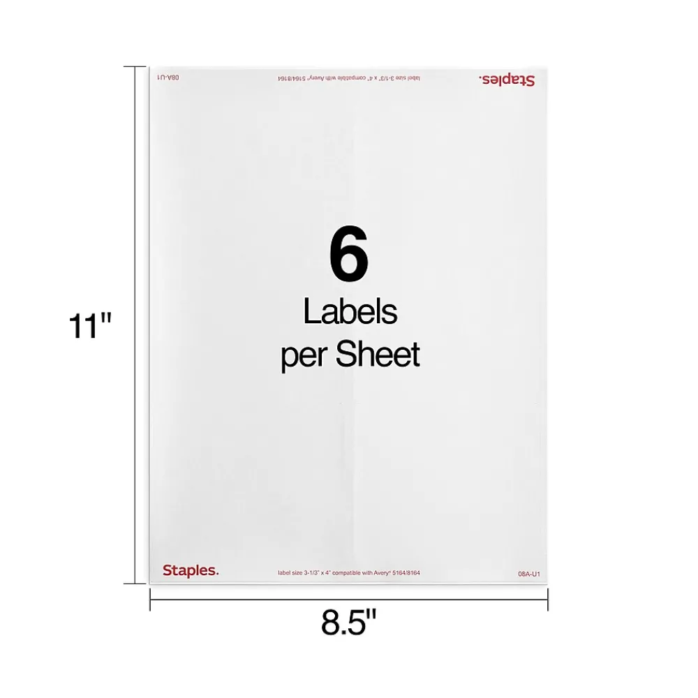New Staples Laser/Inkjet Shipping Labels, 3 1/3" x 4", White, 6 Labels/Sheet, 250 Sheets/Pack, 1500 Labels/Box (18067)