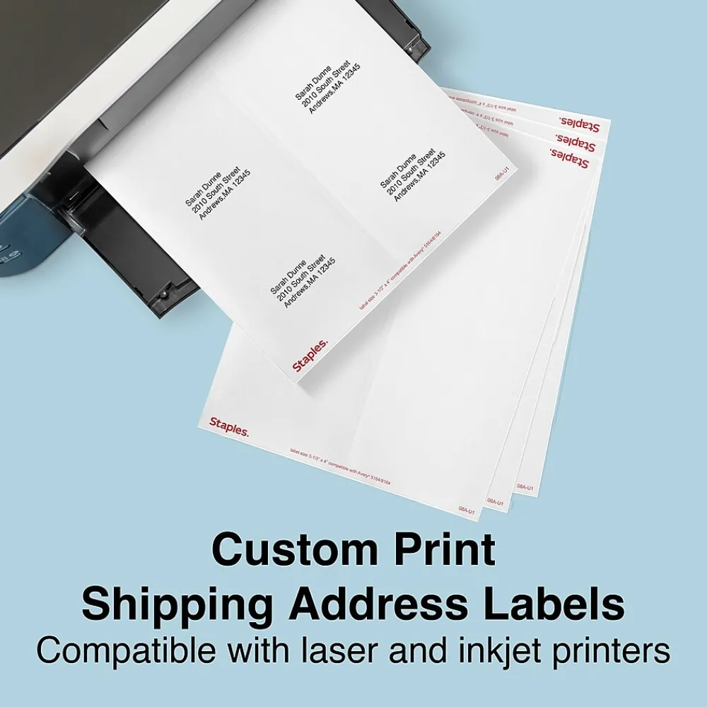 New Staples Laser/Inkjet Shipping Labels, 3 1/3" x 4", White, 6 Labels/Sheet, 250 Sheets/Pack, 1500 Labels/Box (18067)