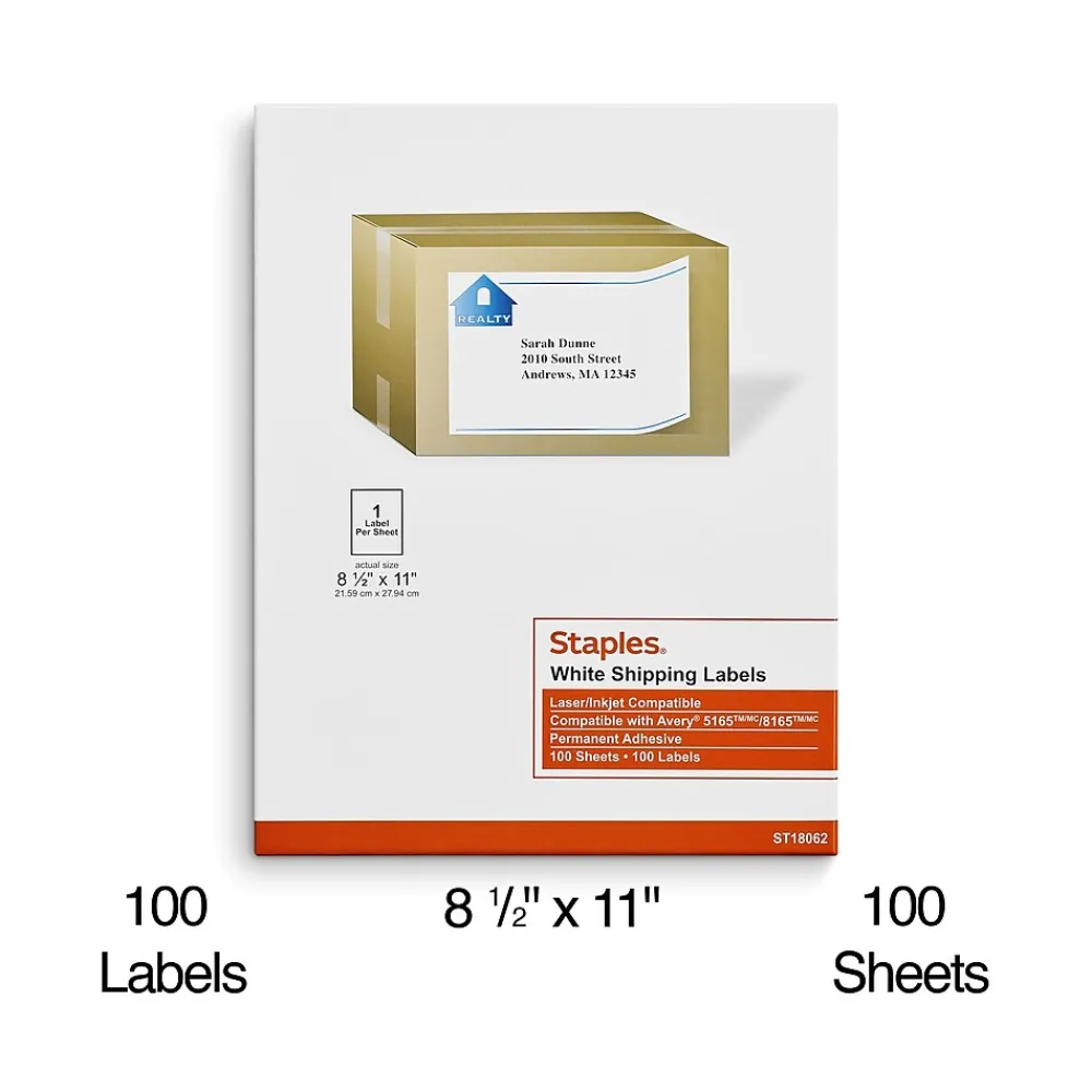 Online Staples Laser/Inkjet Shipping Labels, 8 1/2" x 11", White, 1 Label/Sheet, 100 Sheets/Box (18062/SIWO150)