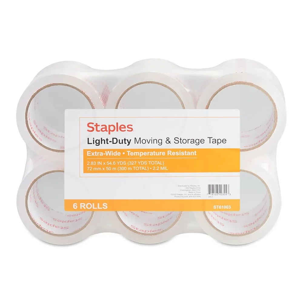Hot Staples Lightweight Moving & Storage Packing Tape , 2.83" x 54.6 yds., Clear, 6/Rolls (52204)