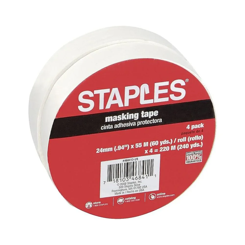 Sale Staples Masking Tape, 0.94" x 60 yds., Natural, 4/Pack, 12 Packs/Case (468413-CC)