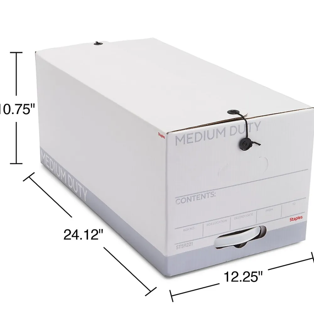 File Storage|Staples Medium Duty File Box, String and Button Lid, Letter, White/Gray, 12/Case (TR59221)