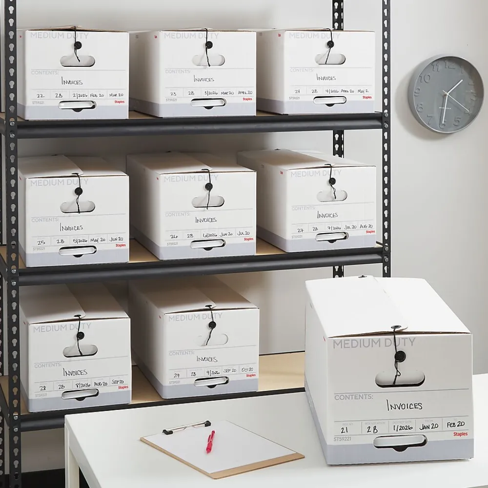 File Storage|Staples Medium Duty File Box, String and Button Lid, Letter, White/Gray, 12/Case (TR59221)
