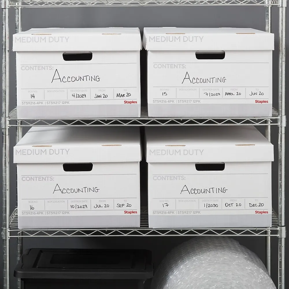 File Storage|Staples Medium Duty File Box, Lift Off Lid, Legal, White/Gray, 4/Carton (TR59216)