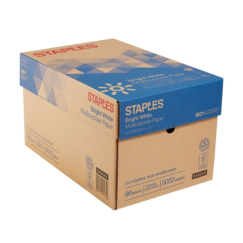 Multipurpose Paper*Staples Multipurpose Paper, 8.5" x 11", 22 lbs., Bright White, 500 Sheets/Ream, 10 Reams/Carton (22098)