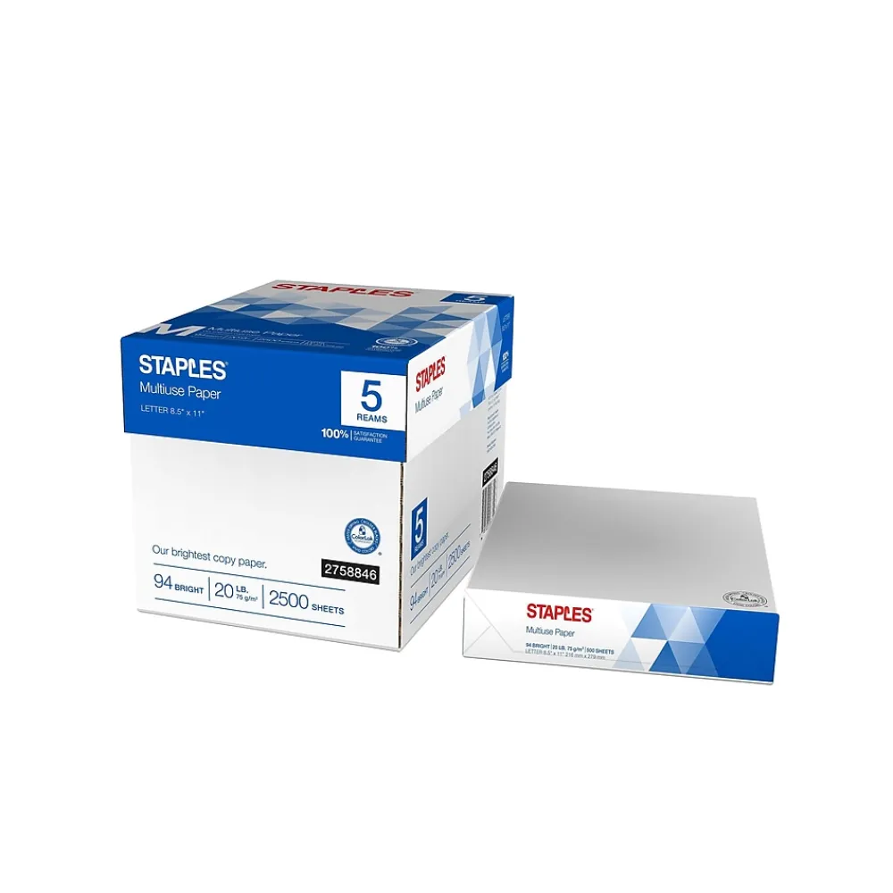Large Quantity Paper*Staples Multiuse Copy Paper, 8.5" x 11", 20 lbs., 94 Brightness, 500 Sheets/Ream, 5 Reams/Carton (51928)