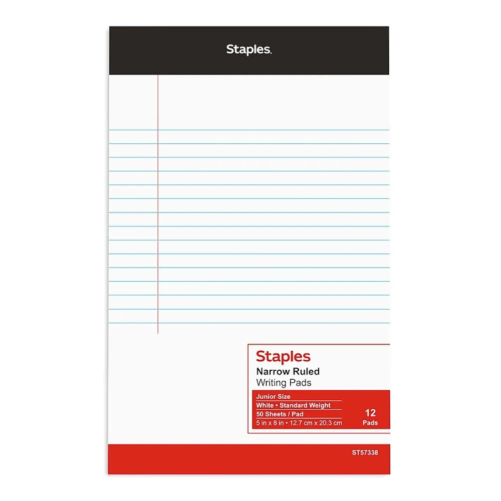 Notepads|Staples Notepads, 5" x 8", Narrow Ruled, , 50 Sheets/Pad, Dozen (ST57338) White