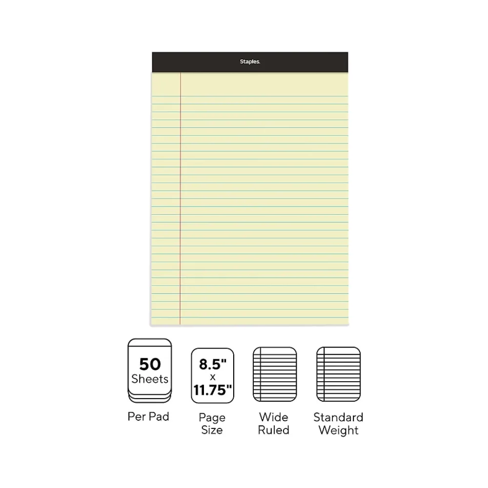 Subject Notebooks|Staples Notepads, 8.5" x 11.75", Wide Ruled, Canary, 50 Sheets/Pad, Dozen (ST57300)