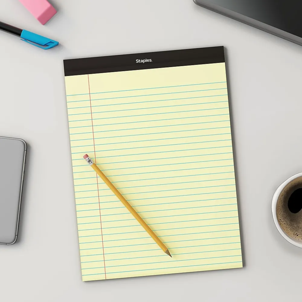 Subject Notebooks|Staples Notepads, 8.5" x 11.75", Wide Ruled, Canary, 50 Sheets/Pad, Dozen (ST57300)