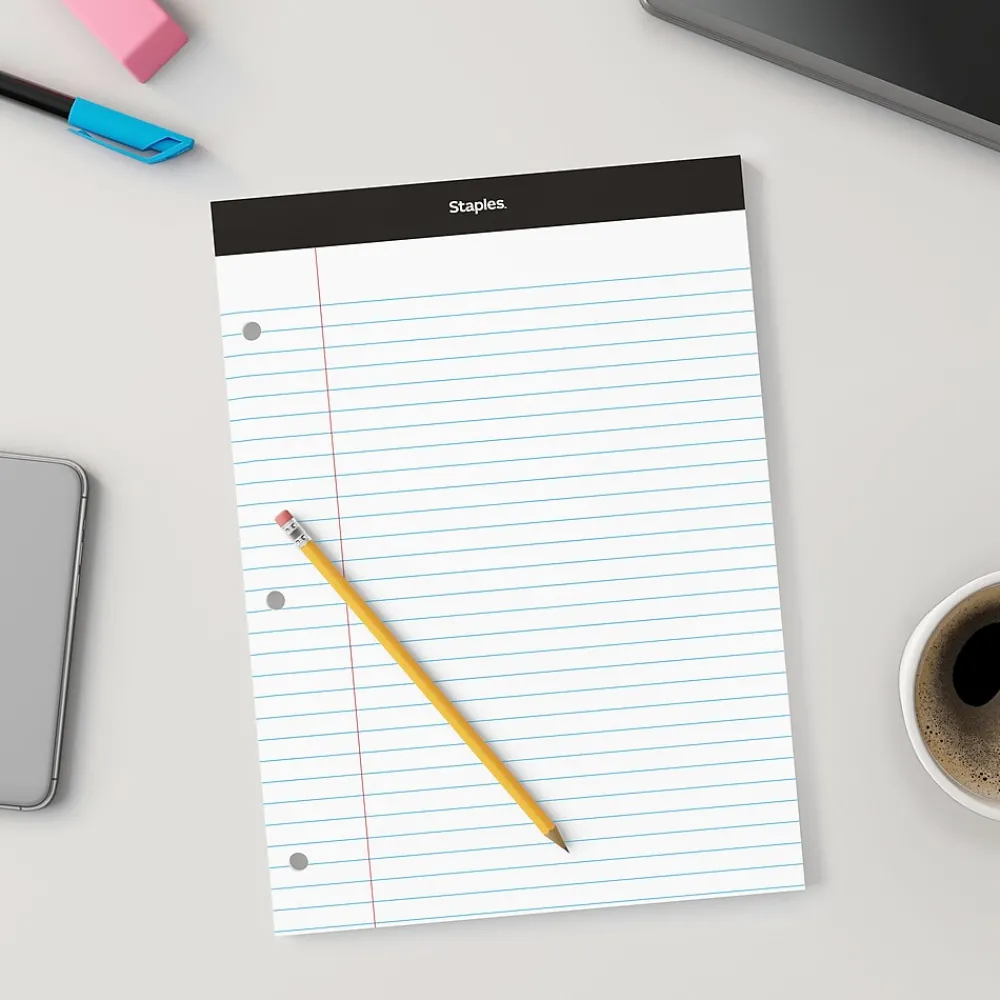 Notepads|Staples Notepads, 8.5" x 11.75", Wide Ruled, , 100 Sheets/Pad, 6 Pads/Pack (ST57350) White