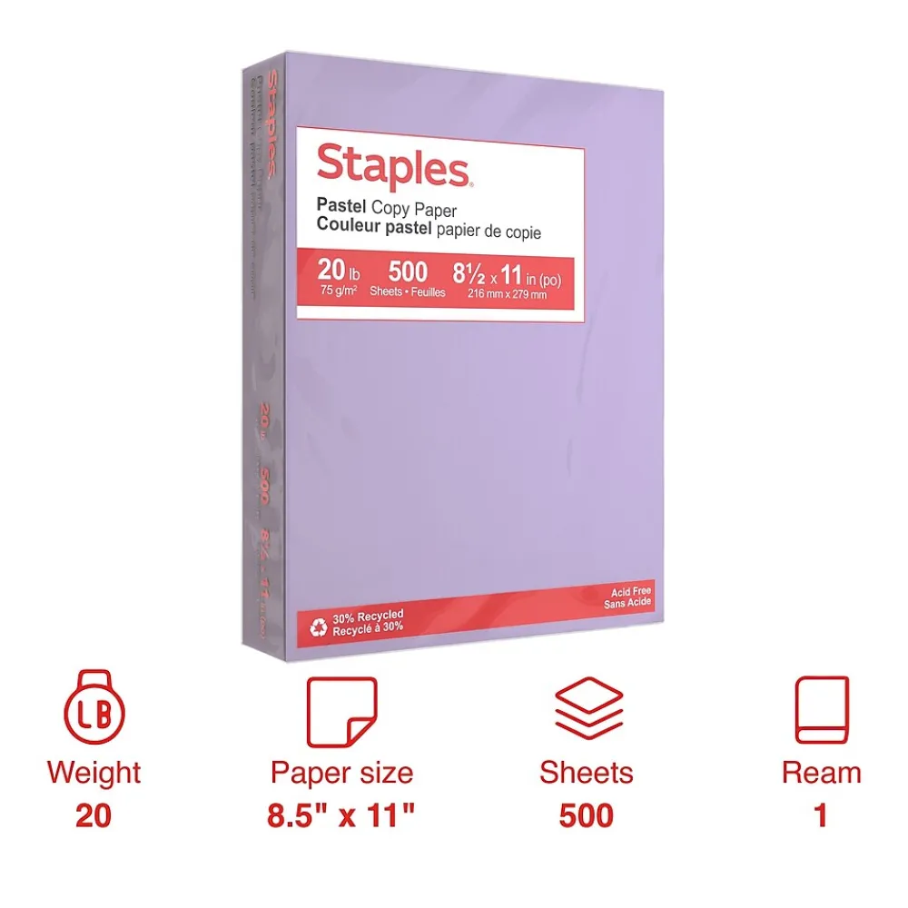Multipurpose Paper*Staples Pastel 30% Recycled Color Copy Paper, 20 lbs., 8.5" x 11", , 500/Ream (14782) Lilac