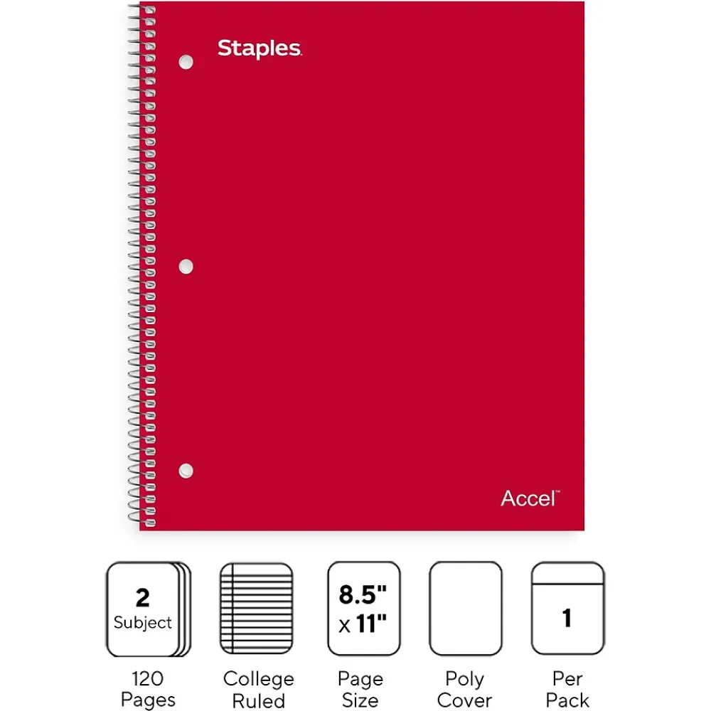 Subject Notebooks|Staples Premium 2-Subject Notebook, 8.5" x 11", College Ruled, 120 Sheets, (TR58312) Red
