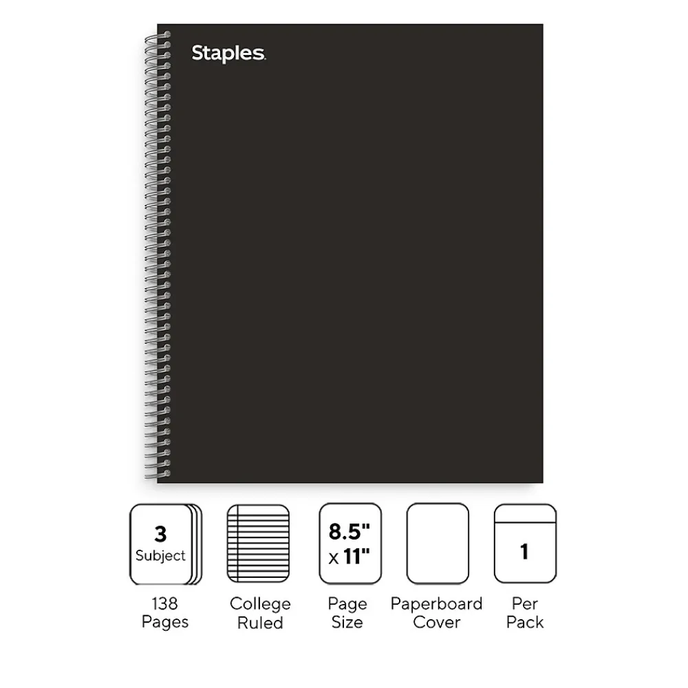 Subject Notebooks|Staples ® Premium 3-Subject Subject Notebooks, 8.5" x 11", College Ruled, 150 Sheets, Black (TR58359M-CC)