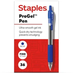 Pens|Staples ProGelâ„¢ Retractable Gel Pen, Fine Point, 0.7mm, Blue Ink, 36/Pack (ST62108)