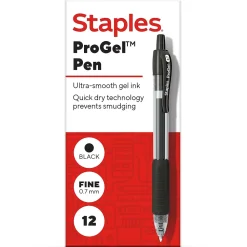 Pens|Staples ProGelâ„¢ Retractable Gel Pen, Fine Point, 0.7mm, Black Ink, Dozen (ST62095)