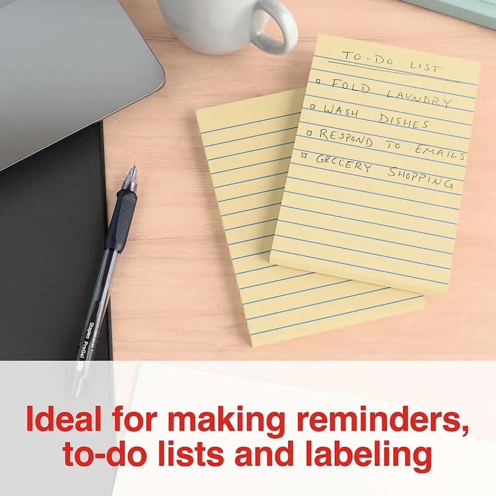 Sticky Notes*Staples Recycled Notes, 4" x 6", Sunshine Collection, Lined, 100 Sheet/Pad, 12 Pads/Pack (S-46YR12)