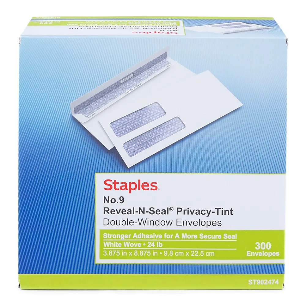 Hot Staples Reveal-N-Seal #9 Double Window Envelope, 3 7/8" x 8 7/8", White, 300/Box (20567-US)