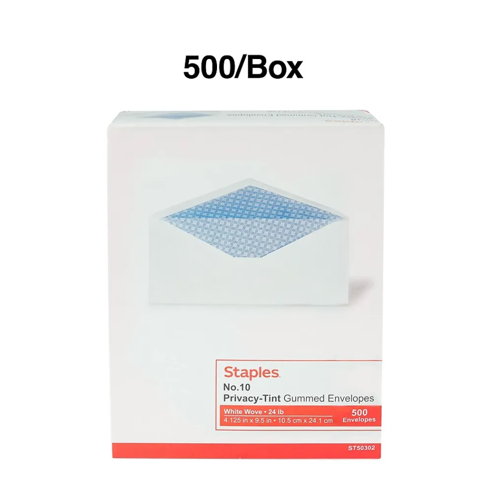 Sale Staples Security Tinted #10 Business Envelopes, 4 1/8" x 9 1/2", White, 500/Box (ST50302-CC)